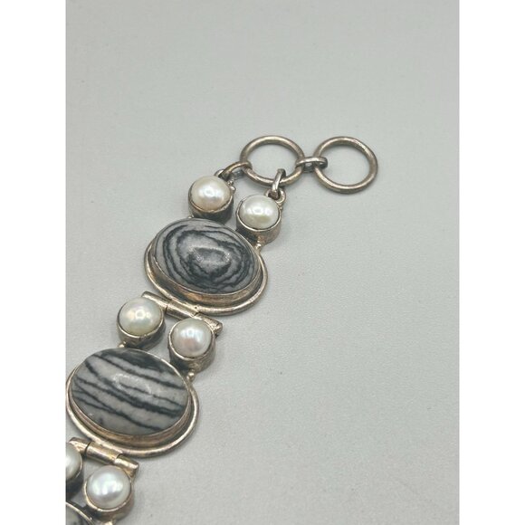 Grey Jasper & Pearls Bracelet Sterling Silver 925 Semi Rigid Long Toggle Clasp - Picture 5 of 8